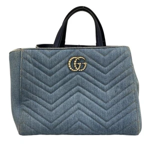 Auth GUCCI GG Marmont 448054 Light Blue Dark Navy Denim Leather Tote Bag - Picture 1 of 20