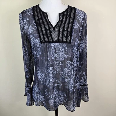 Blusa Sundance Mujer 4 Negra Azul Seda Manga Larga Encaje Transparente Boho Top Foto 1 de 4