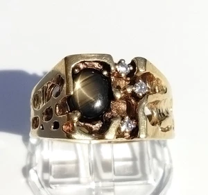 Anillo de diamantes y zafiros estrella negra pepita de oro amarillo de 14 quilates para hombre talla 11,5 circonita - Imagen 1 de 7