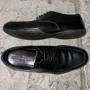 Prada Extra-Wide Fit Black Leather Oxford Driving Shoes Sneakers 8.5 4E Mens - Picture 1 of 9