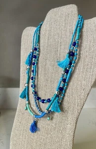 Bohemian Multi Layer Tassel Necklace Teal Blue Green Glass Bead Woven Strand NOS - Picture 1 of 11