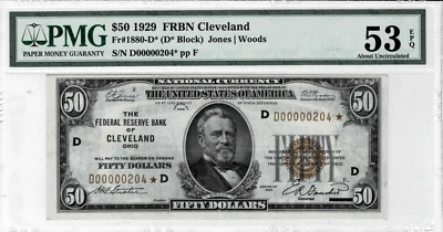 1929 $50 Federal Reserve Bank*STAR*note(Cleveland)fr.1880-D*-PMG 53 EPQ-2 Finer! - Image 1 of 4