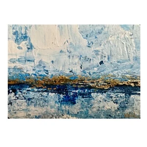 Original ACEO ATC Painting Blue Gold Seascape Miniature Small Art - Picture 1 of 1