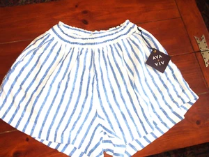 NUEVO CON TGGS MUJER ALGODÓN AZUL BLANCO RAYAS SHORTS 1 X AVA & VIV\ ELÁSTICO W - Imagen 1 de 3