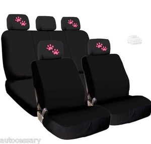 For VW New 4X Pink Paws Logo Headrest And Black Fabric Seat Covers  - Picture 1 of 10