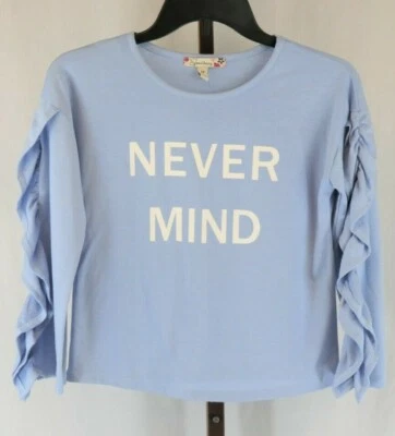 Speechless Girls Blue Never Mind Graphic Ruffle Long Sleeve T-Shirt Sz M - Image 1 of 4