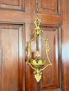 VINTAGE HANGING BRASS HALL FOYER LANTERN CEILING LIGHT | 18" x 8" | Working - Picture 1 of 6