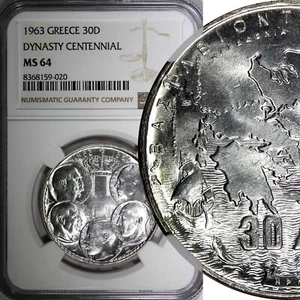 GREECE Paul I Silver 1963 30 Drachmai Five Greek Kings NGC MS64 KM# 86 (20) - Picture 1 of 5