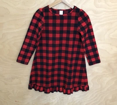 休闲格子红色和黑色抓绒连衣裙荷叶边女孩尺寸 7/8 — 第 1/4 张图片
