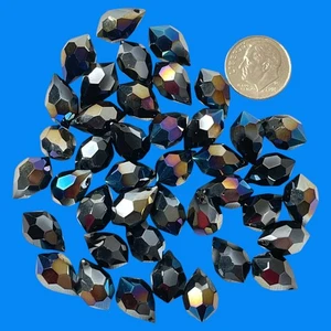 41 Black Faceted Teardrop Glass Beads With Iridescent Finish Jewelry Crafts 12mm - Picture 1 of 3