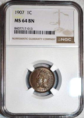 NGC MS-64 BN 1907 Indian Head Cent, Fully Lustrous & Well-Struck. - Image 1 of 2