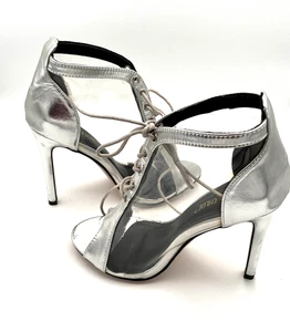 SILVER Open Toe ANKLE BOOTIES Clear Panels-Lace-Up CHASE + CHLOE Sz 8.5 STILLETO - Picture 1 of 15