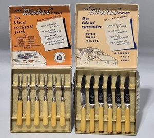 Vintage The Dinkee Spreader 6 Knife and Cocktail Fork Set with Bakelite Handles - Picture 1 of 12