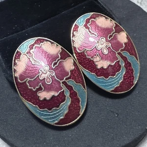 VINTAGE Floral Cloisonné Enamel Clip-On Earrings Gold Tone Retro Pretty Kitsch - Picture 1 of 5