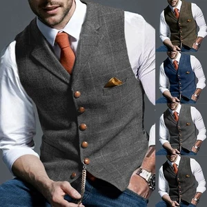 Stylish Patterned Waistcoat for Men Slim Fit Plaid Vest for Business Formal - Picture 1 of 28