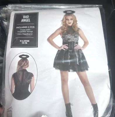 Bad Angel Mujer XL Disfraz Disfraz Halloween Vestido Alas Halo NUEVO 14-16 Foto 1 de 4
