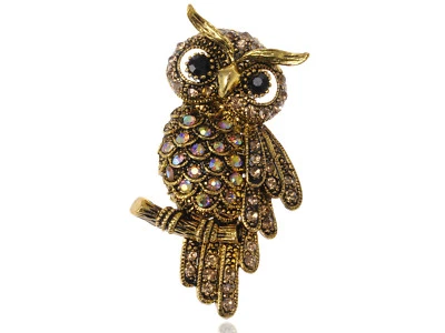 Antique Gold Tone Light Topaz Colored Rhinestones Owl Bird Brooch Pin - Image 1 of 4