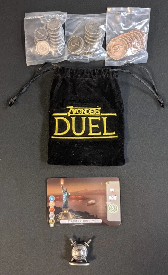 7 piezas de juego promocionales WONDERS DUEL - Peones de conflicto, cartas de la Estatua de la Libertad, monedas Foto 1 de 1