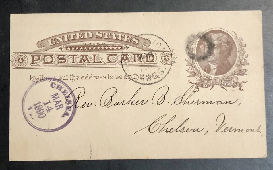 Antique 1890-US Stamped Postal Card UX8-RARE PURPLE Chelsea, Vermont Cancel - Image 1 of 4