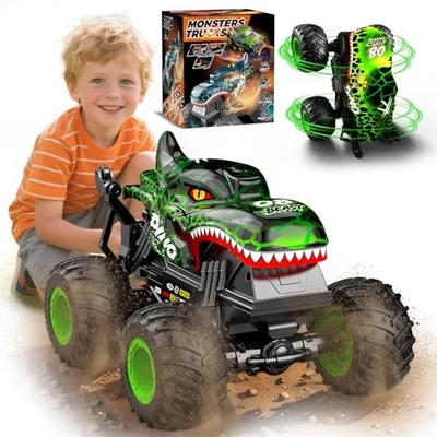  Monster Truck Toys for Kids, 1:20 Dinosaur Toys RC Car Truck with 360° Green - Image 1 of 4
