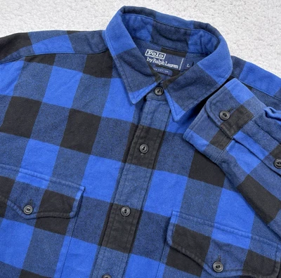 Polo Ralph Lauren Franela Búfalo Cuadros Azul Negro Botón Camisa Peso Pesado Talla L Foto 1 de 4