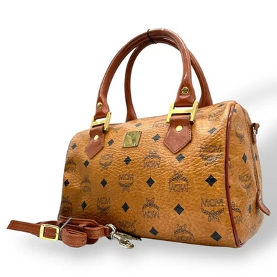 Auténtico MCM Visetos 2 Vías Boston Bolso de Hombro Cuero Marrón - Imagen 1 de 4