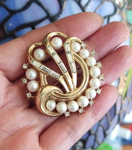 Vintage Alfred Philippe Crown Trifari Crystals Pearls Gold Plated Unique Brooch - Picture 1 of 5