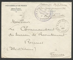 ARGENTINA to FRANCE CONSULAR Cover Bahia Blanca recruiting Office 1916 VF - Picture 1 of 2