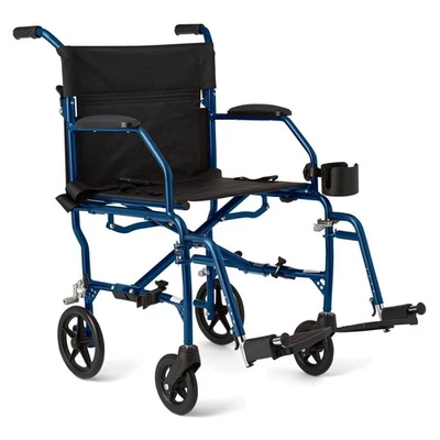 Silla de ruedas de transporte plegable Medline - ultraligera, asiento de 19", azul/negro Foto 1 de 4