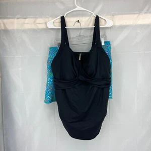 Lands End Swimsuit Set 20W Tankini Top Swim Skirt Black Blue Floral Pool Travel - Picture 1 of 14