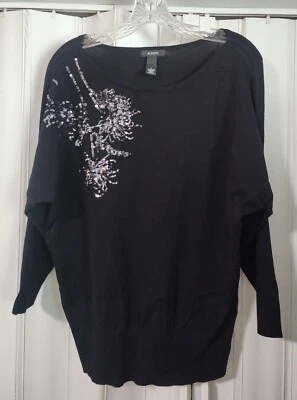 Top Alfani para mujer negro rayón nailon lentejuelas 3/4 manga única talla L Foto 1 de 4