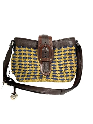 Brighton Tan Woven Brown Leather Purse Crossbody w Denim Western Bag - Image 1 of 4