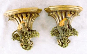 Vintage Carved Monkey Corbel Wall Shelf Shelves Sconces Set of 2 - Picture 1 of 12