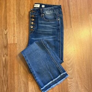 MISS ME high rise BUTTON FLY Boot Crop Blue Jeans RAW HEM Size 29