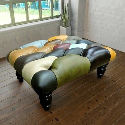Queen Anne Chesterfield Leather Patchwork Foot Stool, Harlequin Footstool  - Image 1 of 4