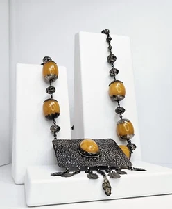 Vintage handgefertigte 925 Sterling Silber & gelber Stein Riesen Halskette - Bild 1 von 10