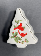 Vintage Lefton China Trinket Box 1984 Cardinal Christmas Holly Tree  #04550