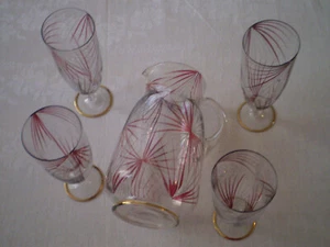 Retro Germany, Set of jug and 4 wine glasses painted glass - Picture 1 of 12