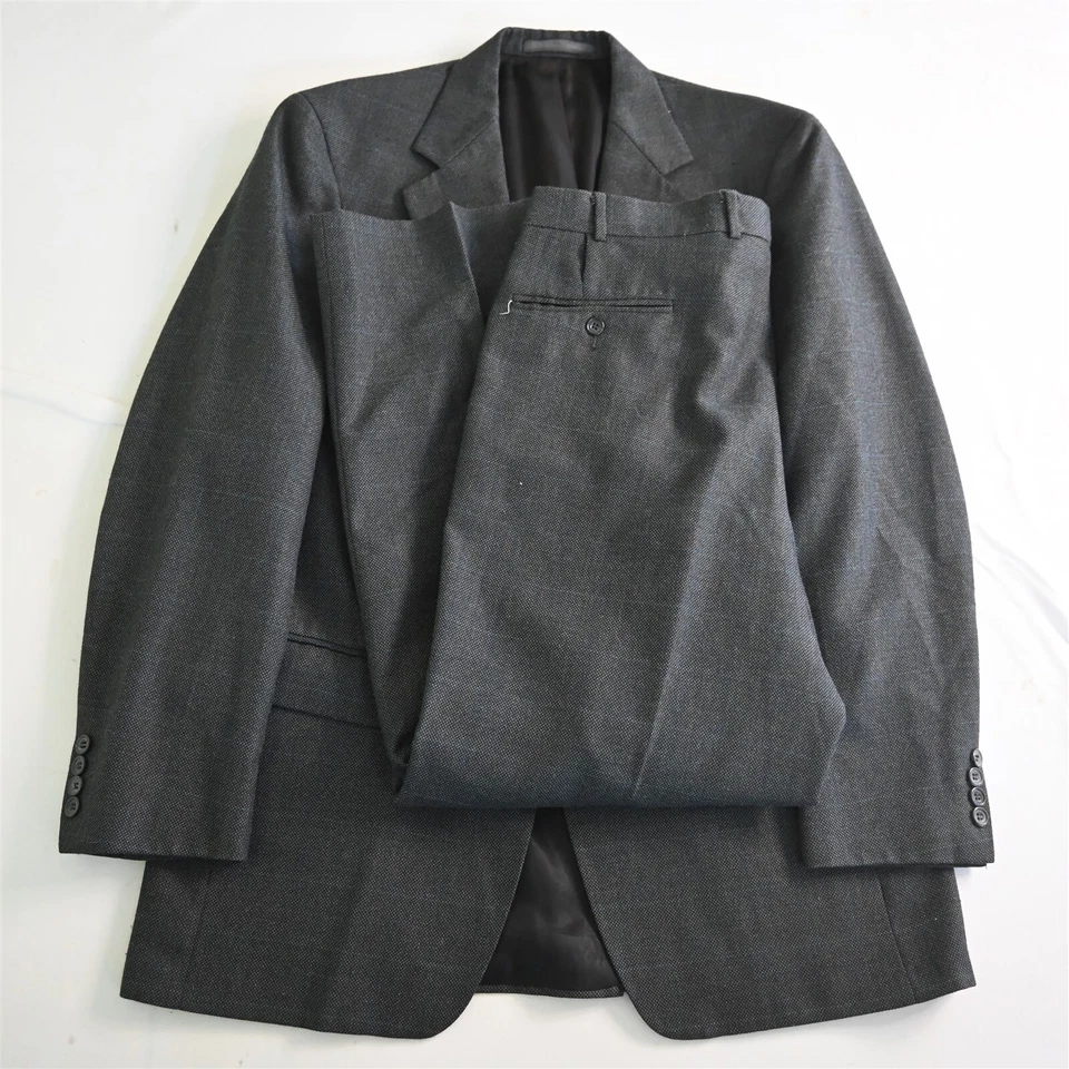 Vtg USA Made 42L 34x30 Gray Birdseye Check Wool Mens Jacket Pants Suit - Image 1 of 4
