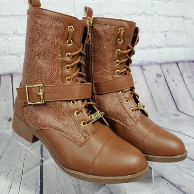 Bebe Botas Mujer 8.5 Marrón Coñac Logo Ofeibea Correa al Tobillo Cremallera Bloque Zapatos Foto 1 de 4