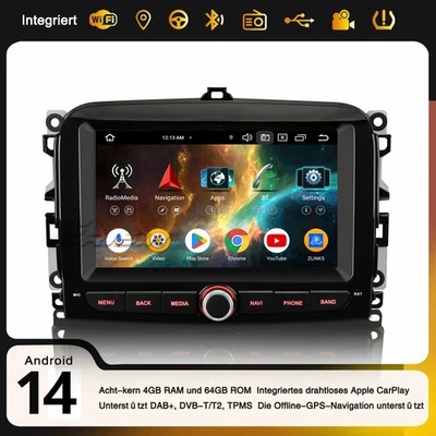 64GB Android 14 DAB+ Autoradio CarPlay Wifi Navi CANBus SWC Fiat 500L 2012-2017 - Bild 1 von 4