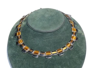 VINTAGE MID CENTURY BLACK ONYX & TIGERS EYE STERLING SILVER CHOKER NECKLACE - Picture 1 of 13