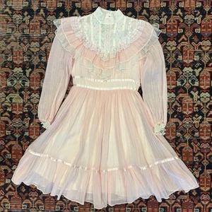 Vintage 1970s Gunne Sax Pink White Lace Dress Youth 8 Made In USA - Picture 1 of 14
