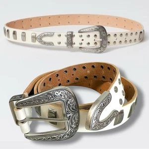 Urban Outfitters Western Bohemian Leder Nieten Gürtel Off White Silber Medium - Bild 1 von 16