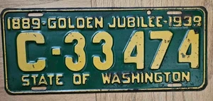 Washington 1939 GOLDEN JUBILEE License Plate SPOKANE COUNTY # C-33473 - Picture 1 of 1