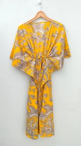 Indian Cotton Yellow Floral Print Long Kaftan Dress HIppie Style Women Sleepwer - Picture 1 of 5