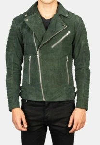 CELEBRITY Neu Herren Grün Wildleder Jacke 100 % Echt Lammfell Motorrad Biker Jacke - Bild 1 von 6