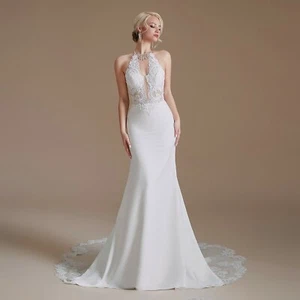 Lace Satin Mermaid Haterneck Wedding Dress Open Back White Ivory Bridal Gown New - Picture 1 of 5