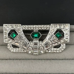 Art Deco Style Rhinestone Brooch Pin Silver Tone Green Clear Glass Statement - Picture 1 of 7