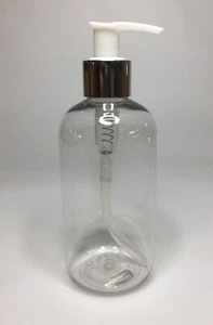250ml PET Clear Plastic Boston Bottle & Chrome/White Lotion Pump ANY AMOUNT - Bild 1 von 1
